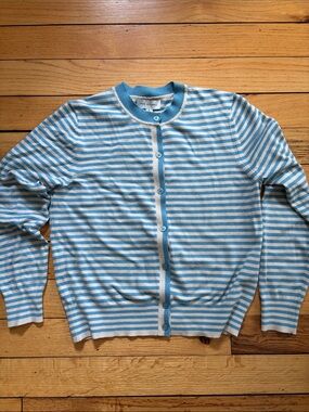 Free Assembly  Blue and Cream Striped Crewneck Button-Front Sweater